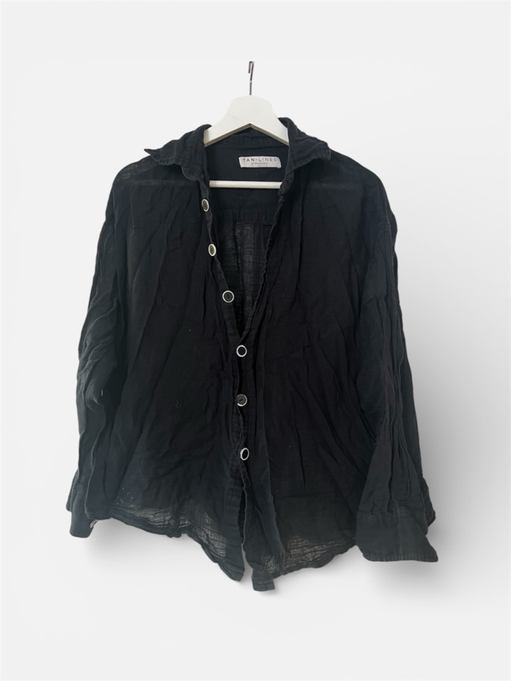 Tan + Lines Black Linen Button-Up Shirt